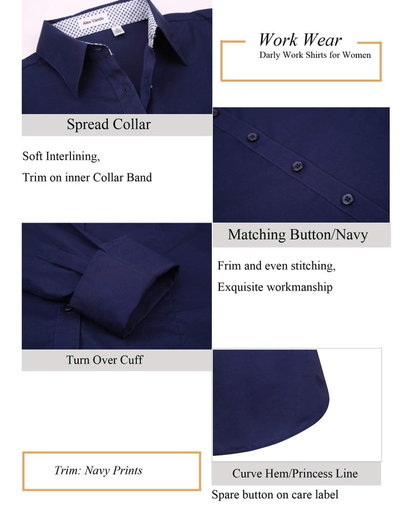 Alex Vando Womens Dress Shirts Wrinkle Free Regular Fit Long Sleeve Stretch Work Shirt,Navy,L - Image 4